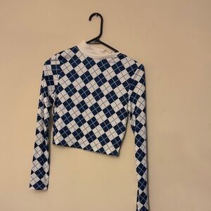SHEIN Navy and White Checkered Long Sleeve Top